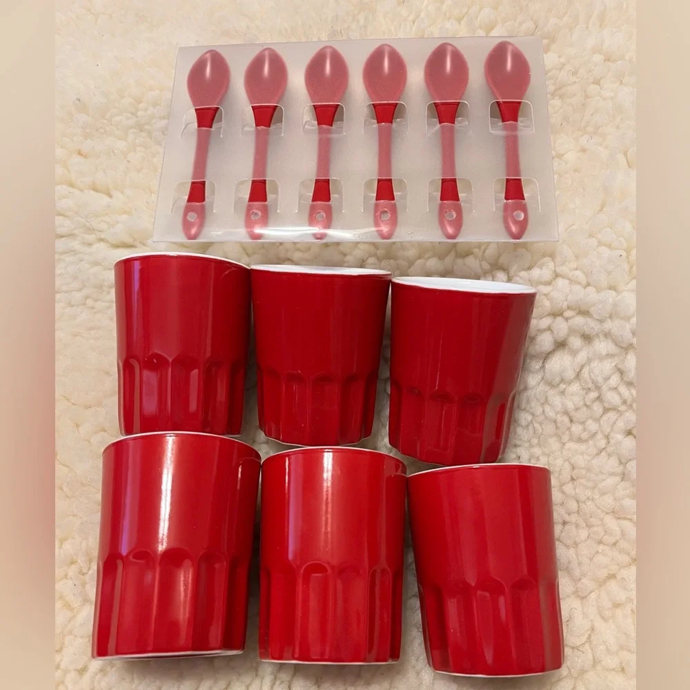 Crate&Barrel Red and White Ceramic Sorbet Set (8) Pieces Including Spoons & Cups